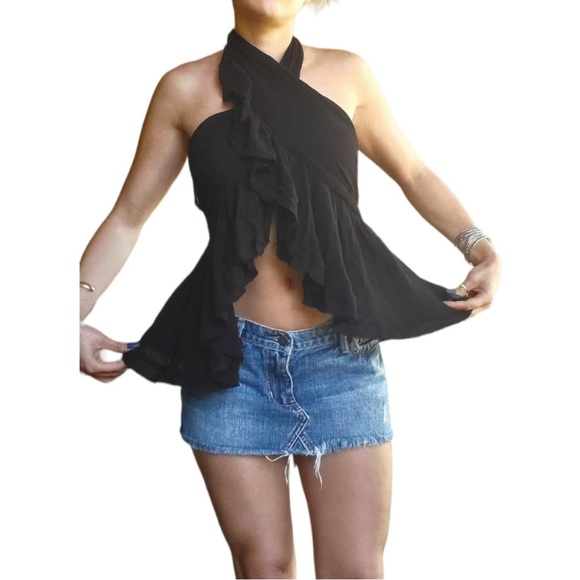 FREE PEOPLE Halter Top Faux Wrap Open Front Ruffle Front large - Picture 4 of 9